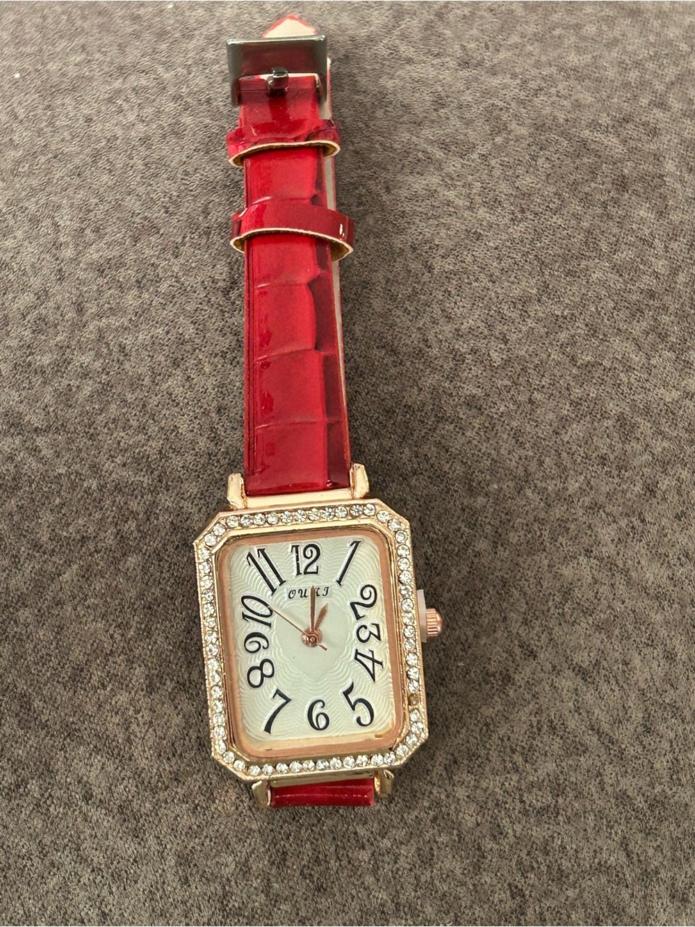 Red Leather Strap Crystal-Trim Rectangular Watch